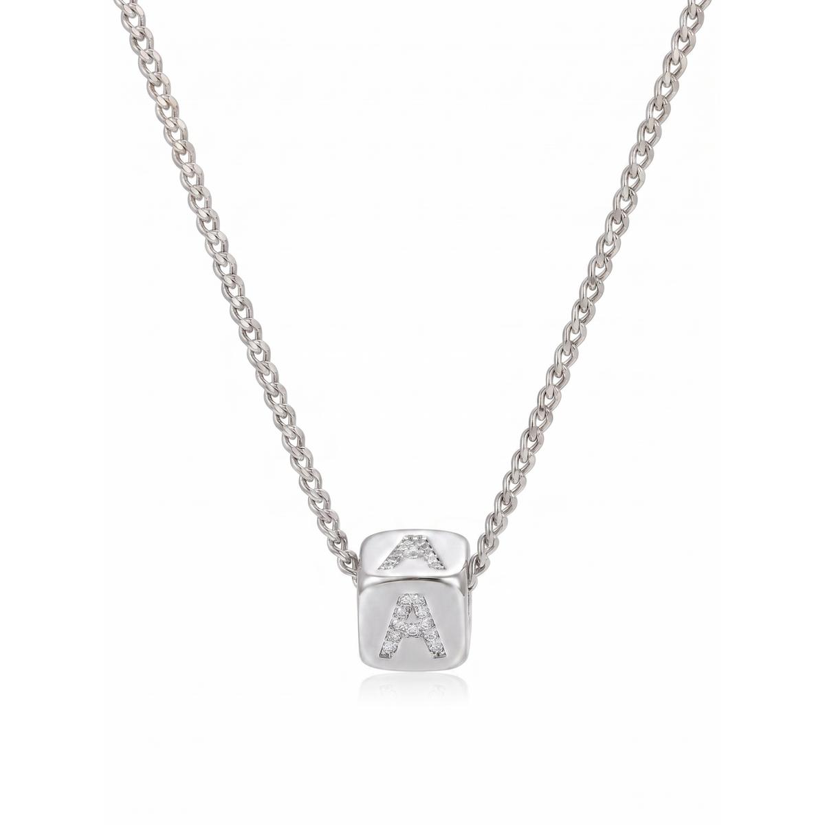 Dice Letter Pendant Necklace - White Gold Plated