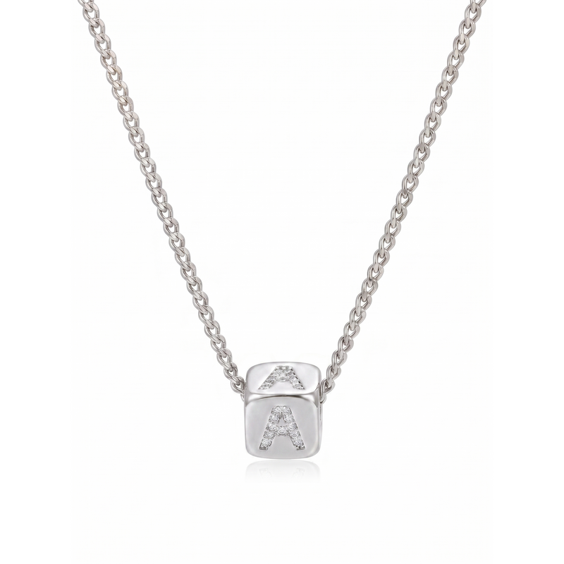 Dice Letter Pendant Necklace - White Gold Plated