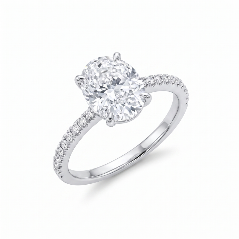 Oval Pavé Engagement Ring - White Gold Plated