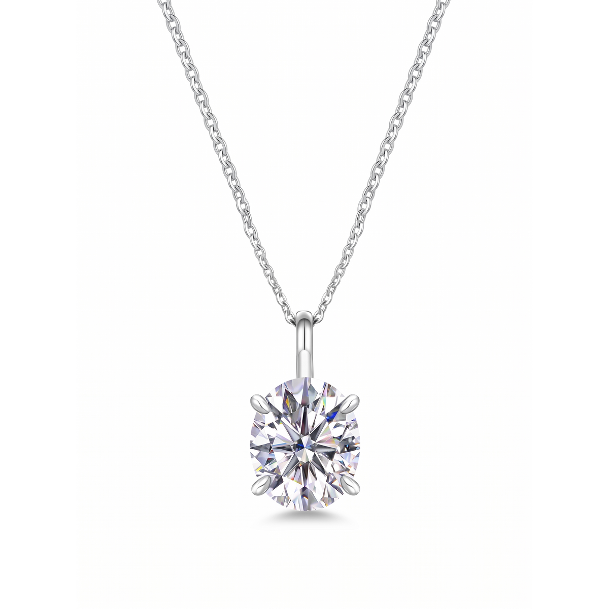 Oval Solitaire Pendant Necklace - White Gold Plated