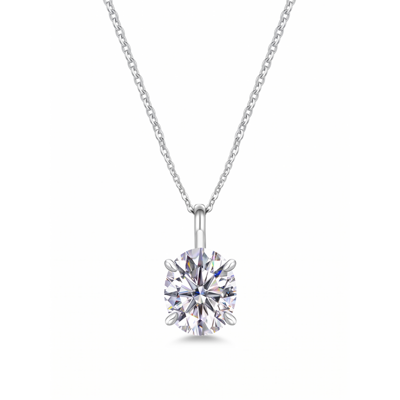 Oval Solitaire Pendant Necklace - White Gold Plated