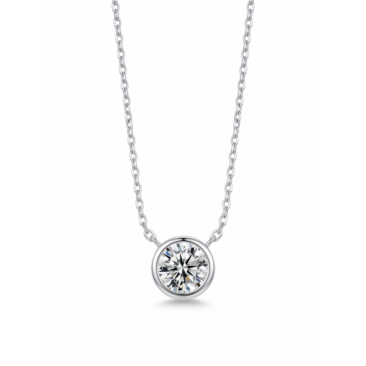 Round Solitaire Pendant Necklace - White Gold Plated