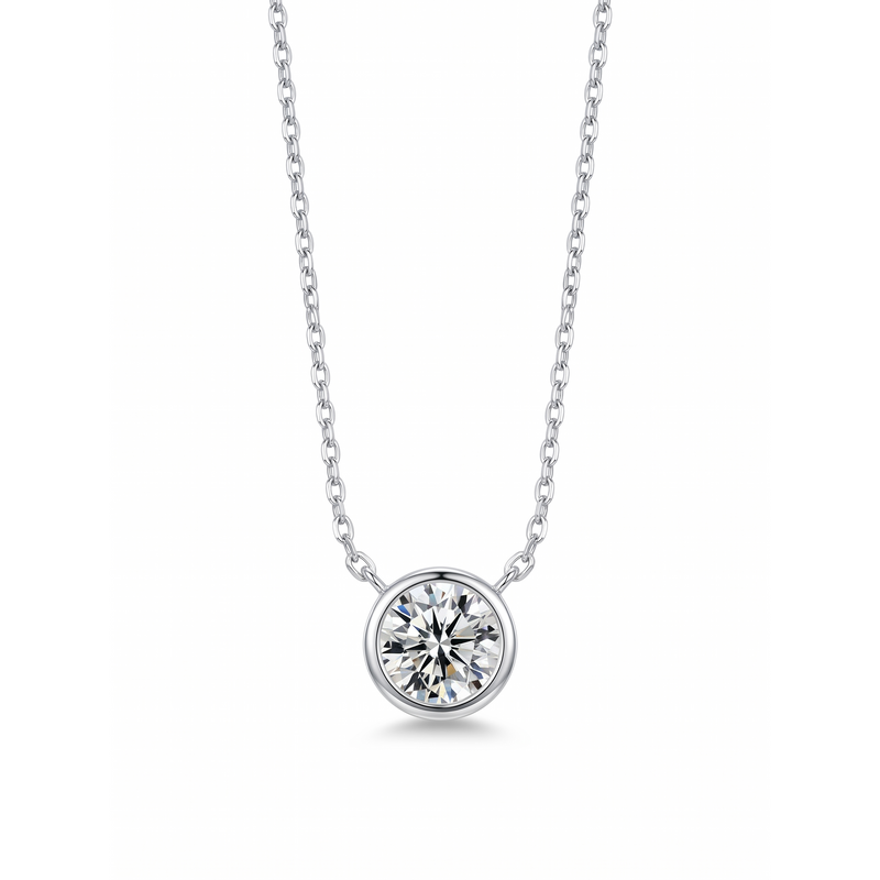 Round Solitaire Pendant Necklace - White Gold Plated